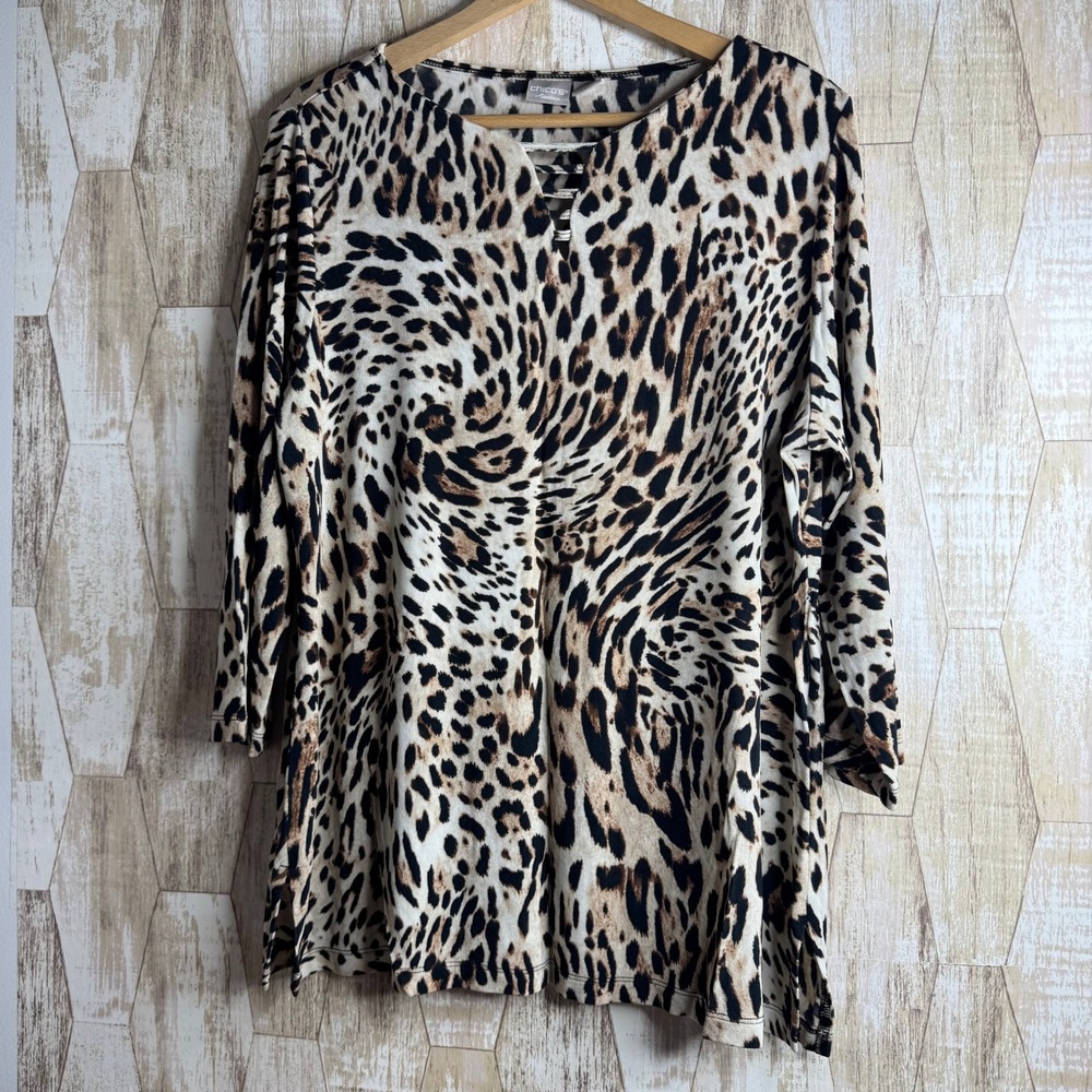Chico's Travelers Leopard Print Tunic Top Size 2 12/14 Slinky‎ Womens
